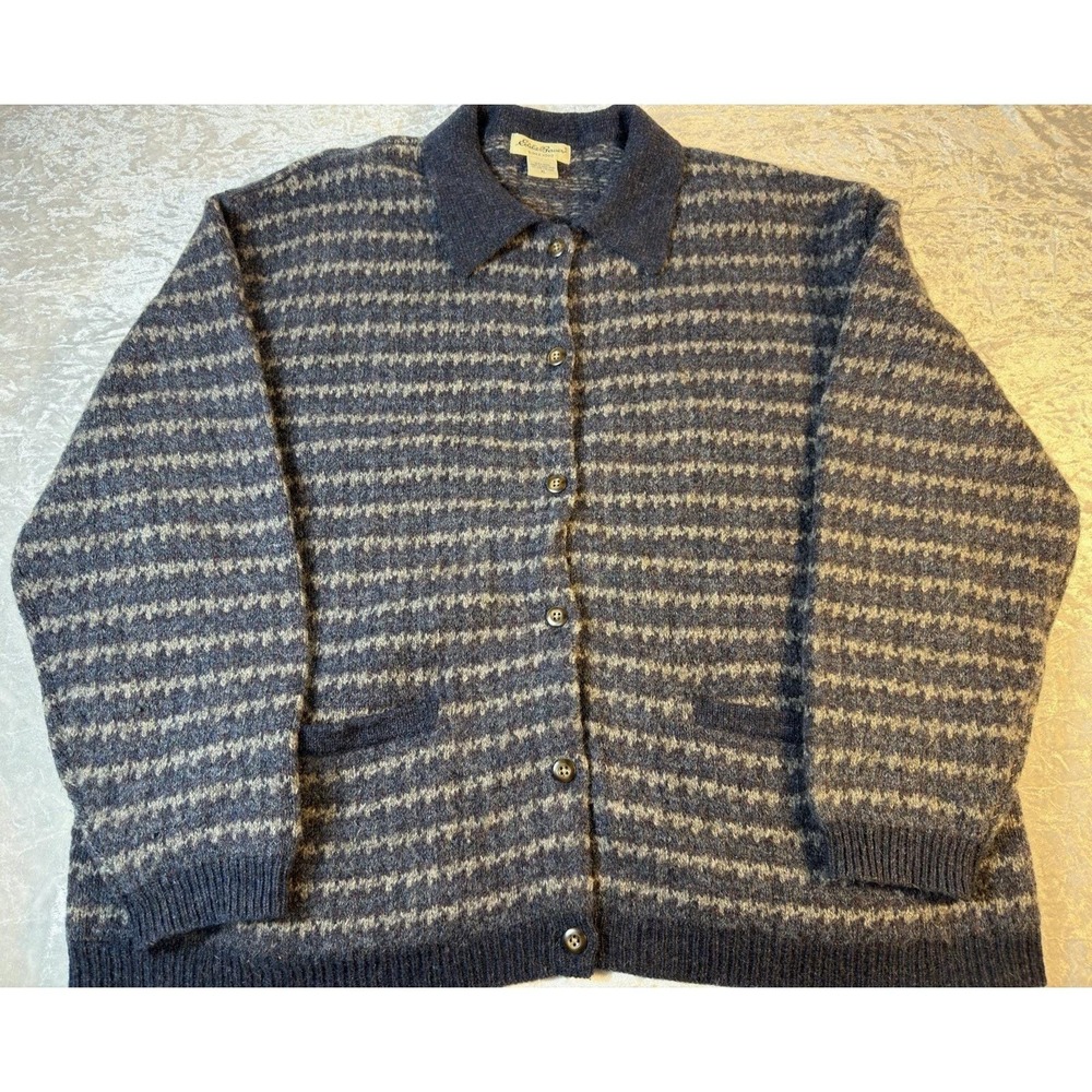 Vintage Eddie Bauer Wool Cardigan Womens XL Nordic Stripe Grandpa 90s Boxy